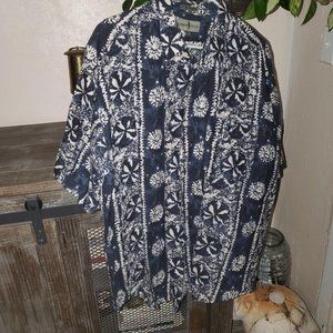 Robert Stock Shirt XL Casual Btn Front, Cotton Blend, Hawaiian Style,Blue/White
